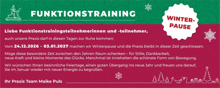 Hinweis zur Winterpause beim Funktionstraining vom 24. Dezember 2026 bis 3. Januar 2027