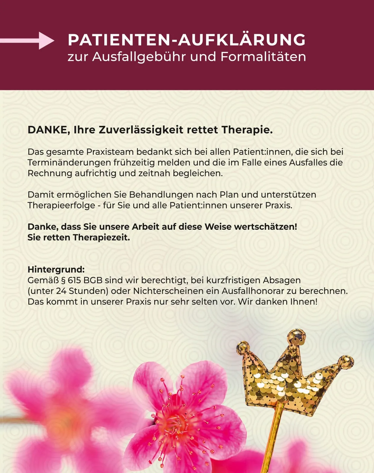 Rückseite: Danke für Ihre Zuverlässigkeit. Sie sichern Therapiezeit für alle.